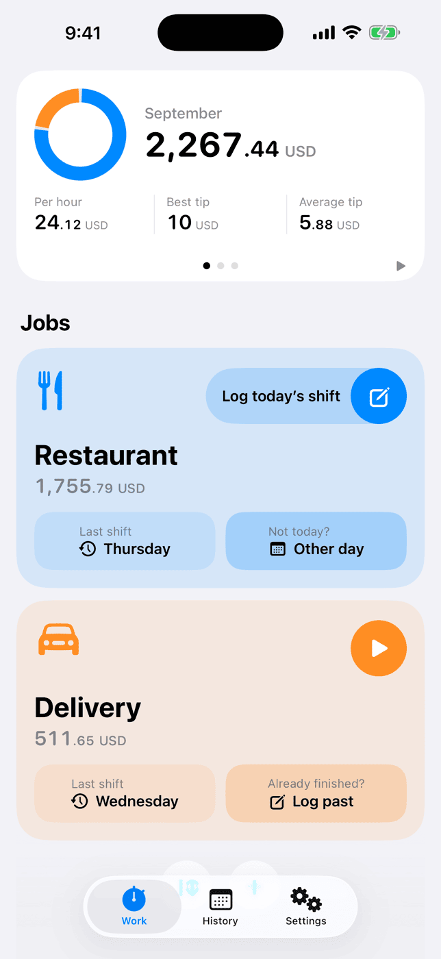 TipShark Work tab: this month's earnings ring and two jobs, Restaurant and Delivery